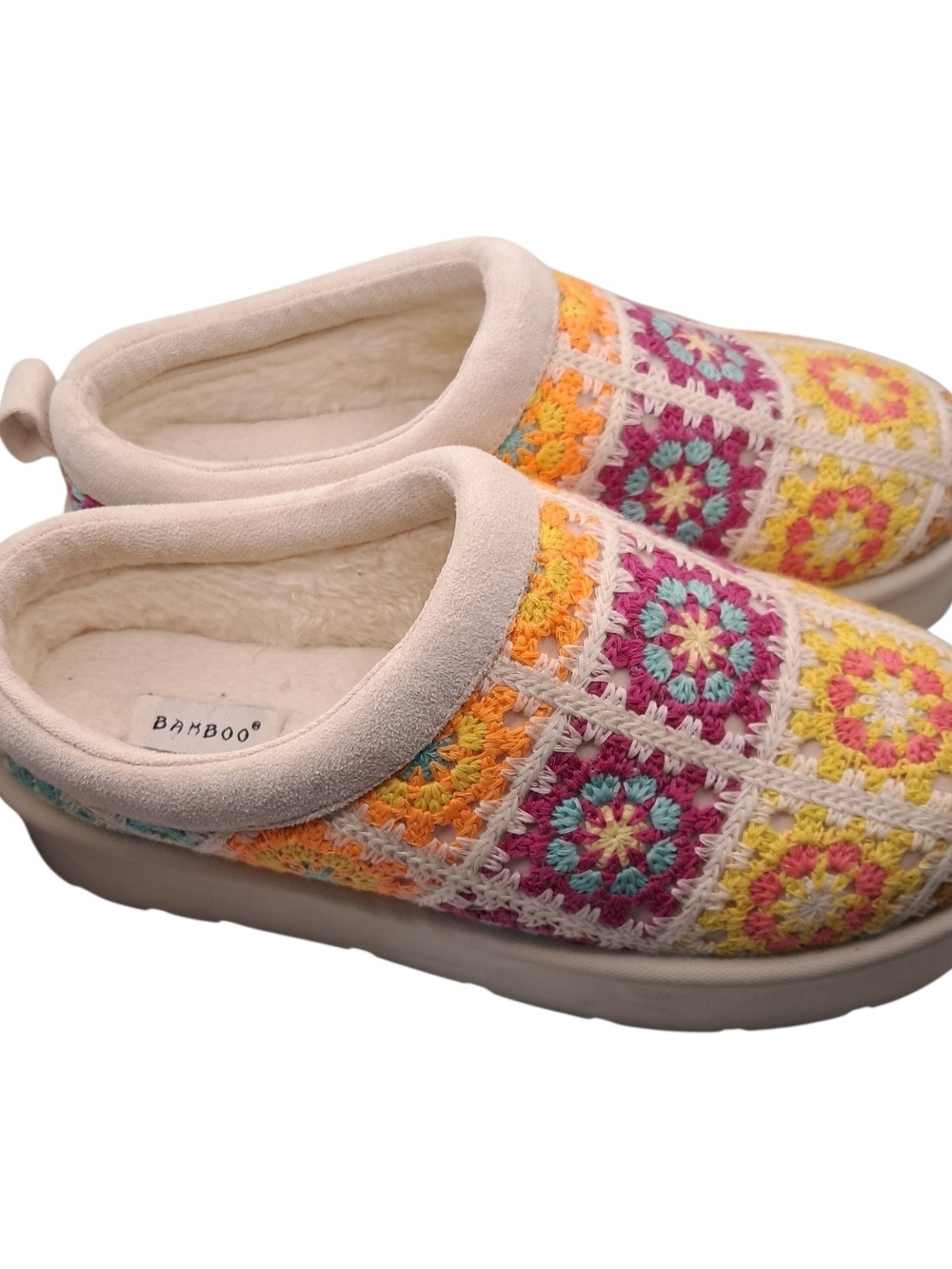 ​Bamboo Crochet Granny Square Platform Clogs Slip On Slippers Mules Women Size 8